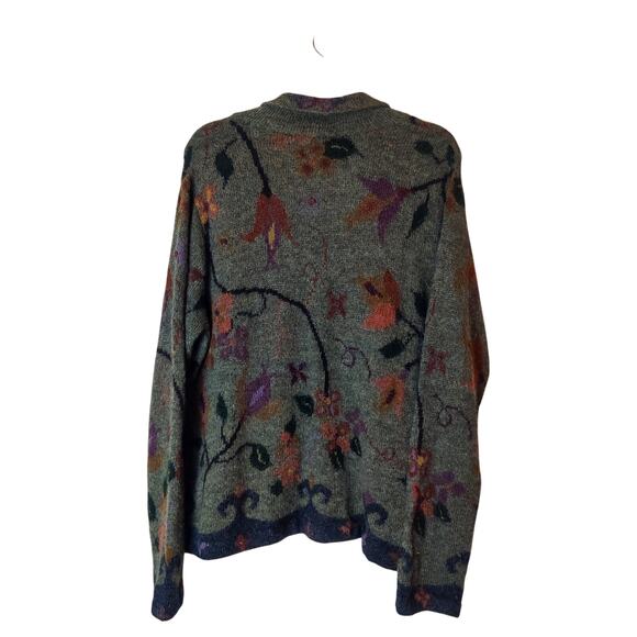 Peruvian Connection 100% Alpaca Green Floral Knit Cozy Cardigan Sweater Large - Picture 2 of 10
